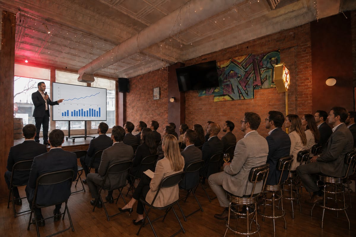 A corporate presentation to a seated audience at 1UP Arcade Bar