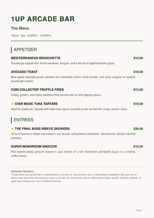 1UP Arcade Bar printed food menu